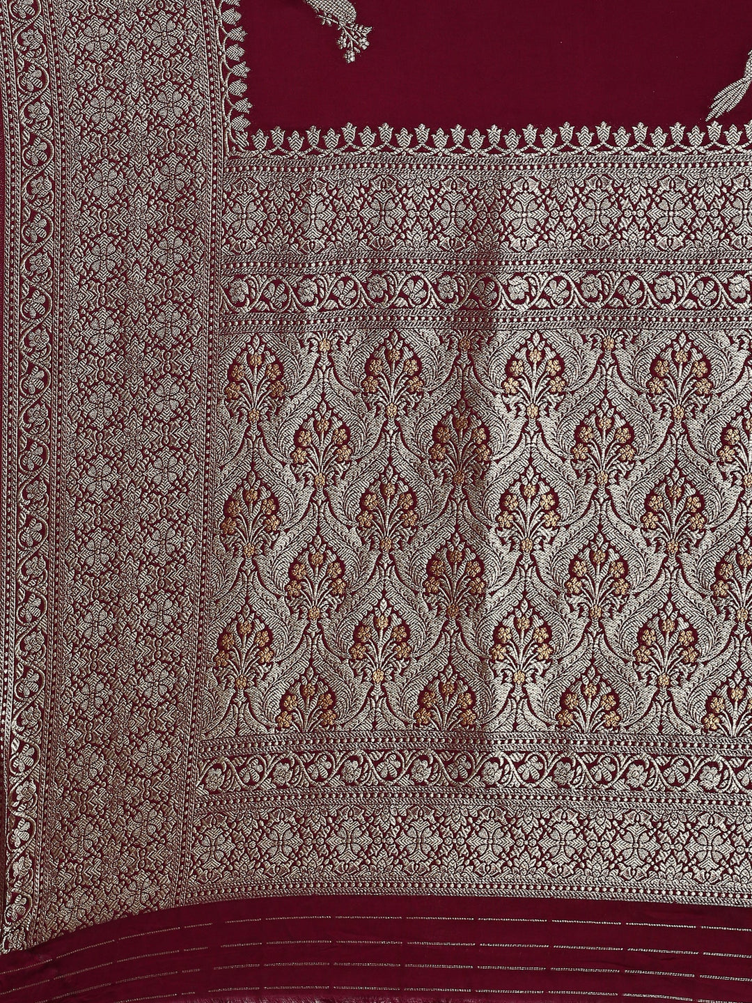Neerus Maroon Banarasi woven saree with gold silver motifs - detail view 3