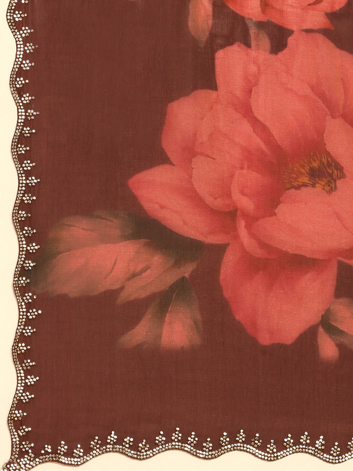 Gold & Maroon Floral Printed Jimmy Tissue Saree With Swarovski Embroidery