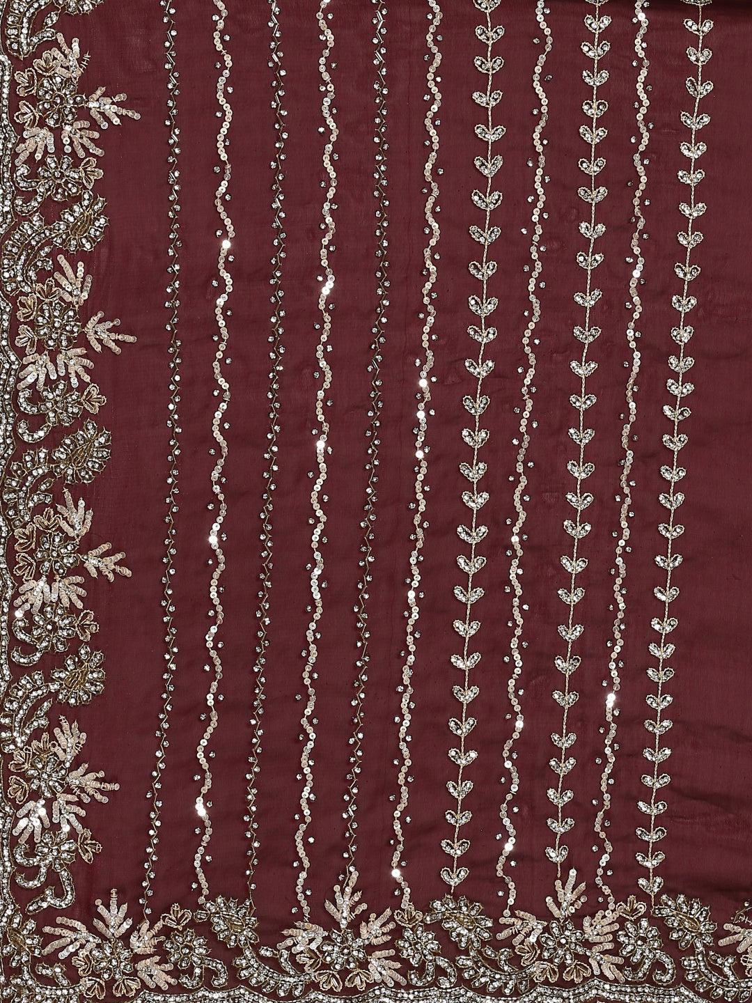 Neerus Maroon hand embroidered saree with Swarovski and cut dana - detail view 3