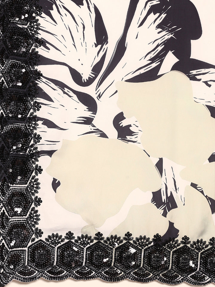 Black & White Satin Printed Saree With Hand Embroidery & Readymade Blouse