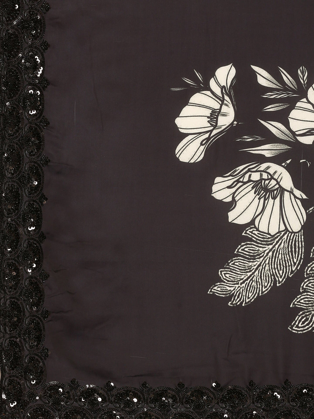 Neerus Black satin hand embroidered printed saree with blouse - detail view 2