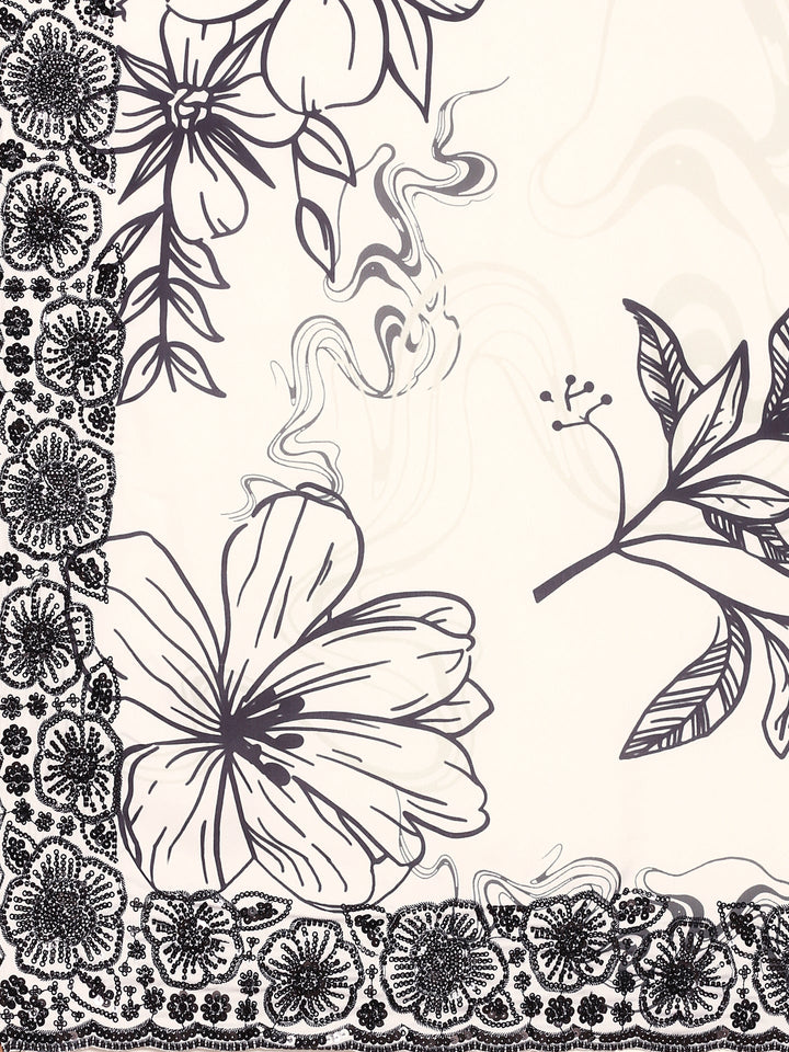 Black & White Satin Printed Saree With Hand Embroidery And Ready Made Blouse