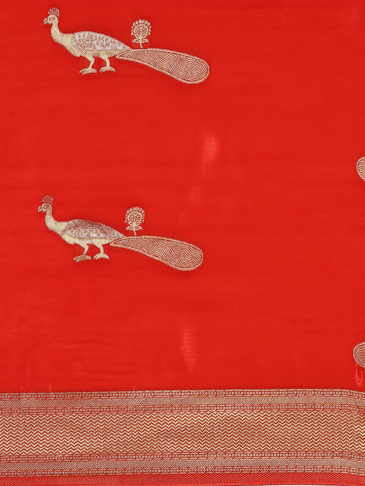 Neerus Red silk woven saree with peacock booti pallu - detail view 3