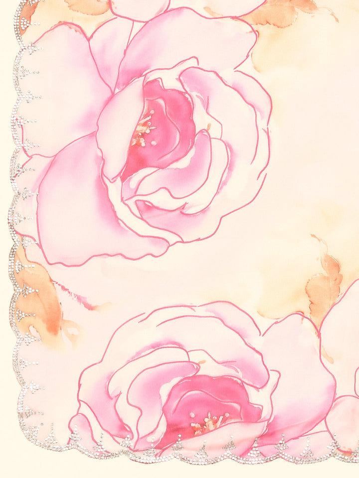 Pink satin floral printed saree with Swarovski embroidery