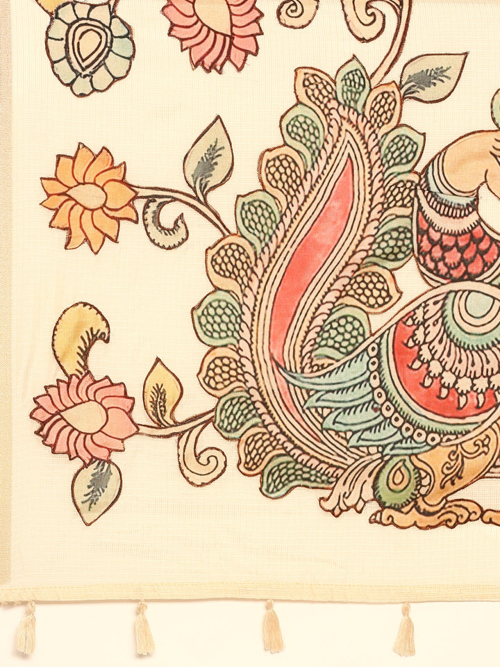 Neerus Beige Kota embellished saree with kalamkari applique pallu - detail view 2
