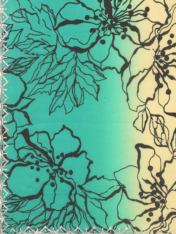 Green Satin printed saree with Swarovski embroidery