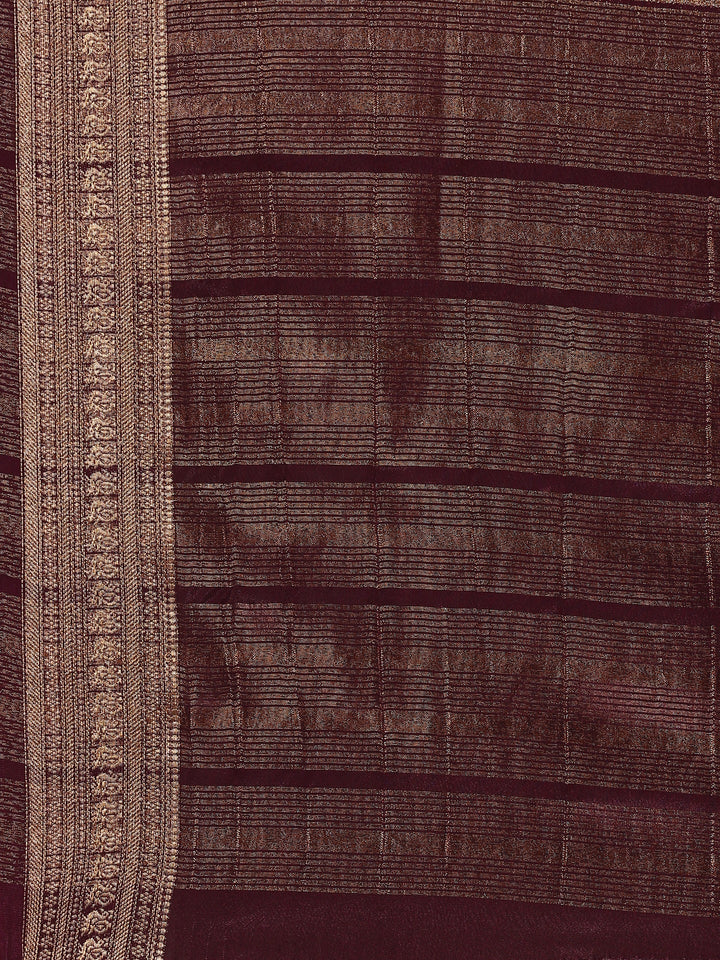 Neerus Maroon crepe woven saree with zari jaal border - detail view 2