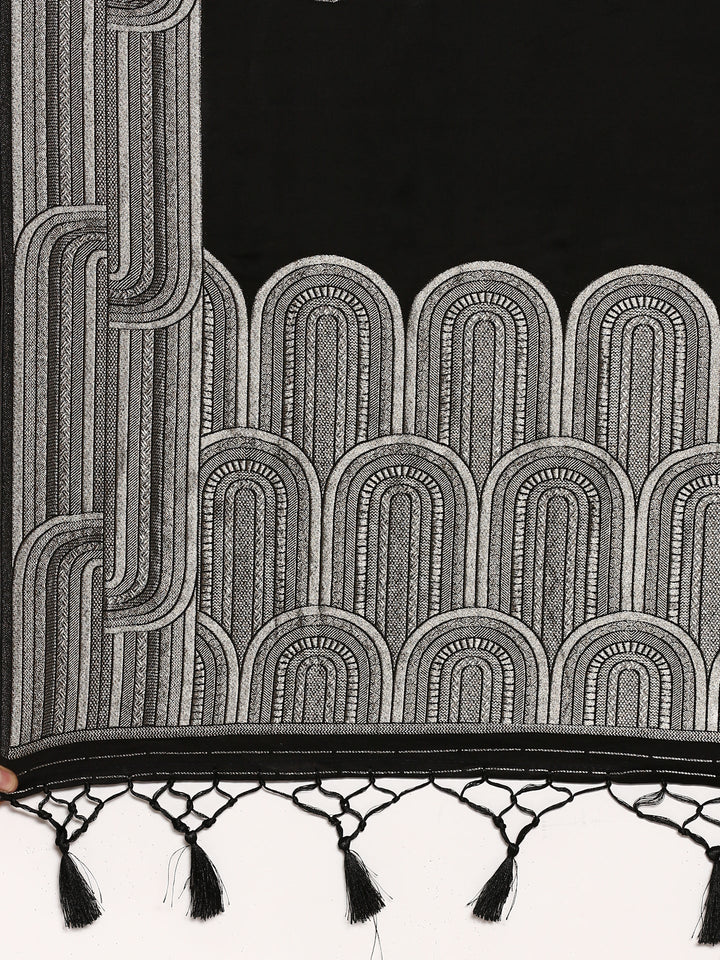 Black Banaras Silk Saree With Silver Zari Motifs & Border