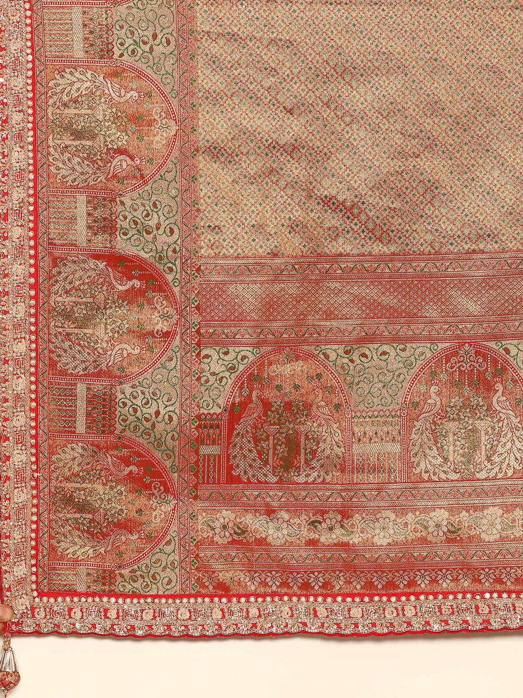 Neerus Red Banarasi hand embroidered saree with gold zardozi work - detail view 2