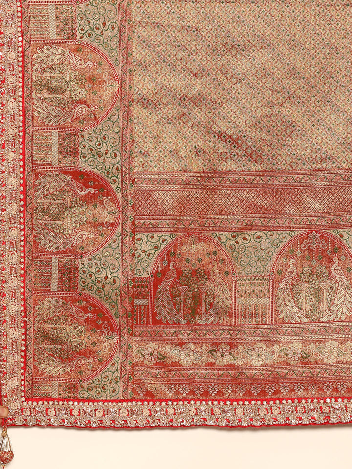 Neerus Red Banarasi hand embroidered saree with gold zardozi work - detail view 2