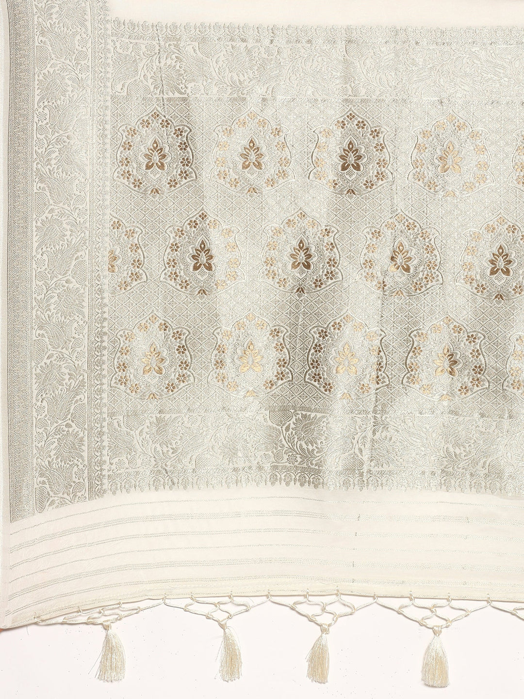 Neerus White Banarasi woven silk saree with zari border - detail view 3