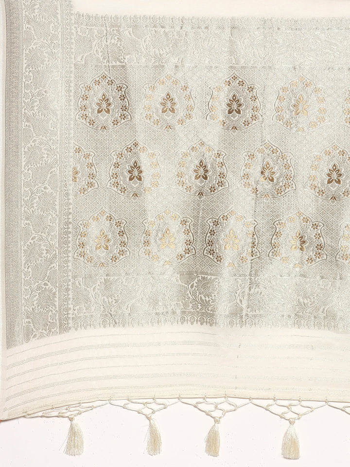 Neerus White Banarasi woven silk saree with zari border - detail view 3