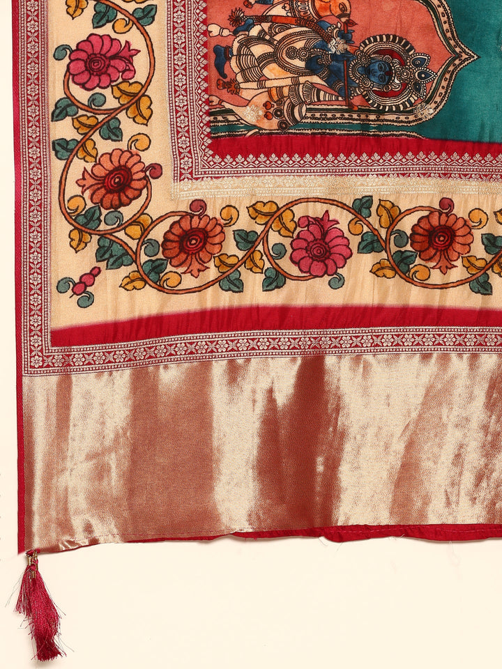 Neerus Green Banarasi printed saree with Kalamkari border - detail view 3