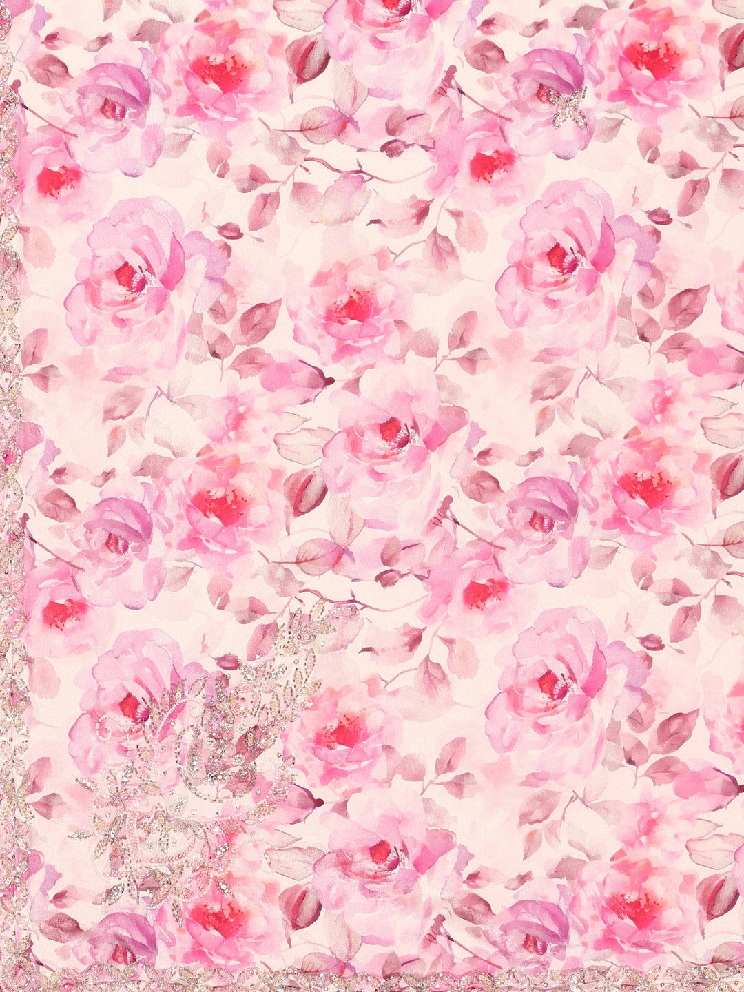 Neerus Pink satin embellished saree with floral print - detail view 2