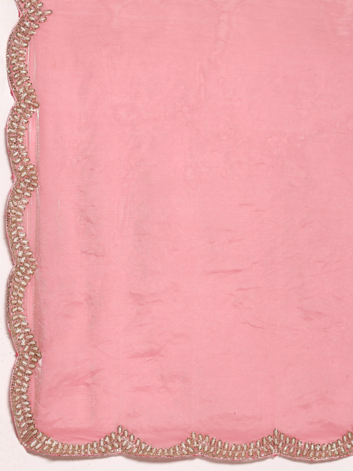 Neerus Pink tissue embellished saree with pearl cut dana embroidery - detail view 2