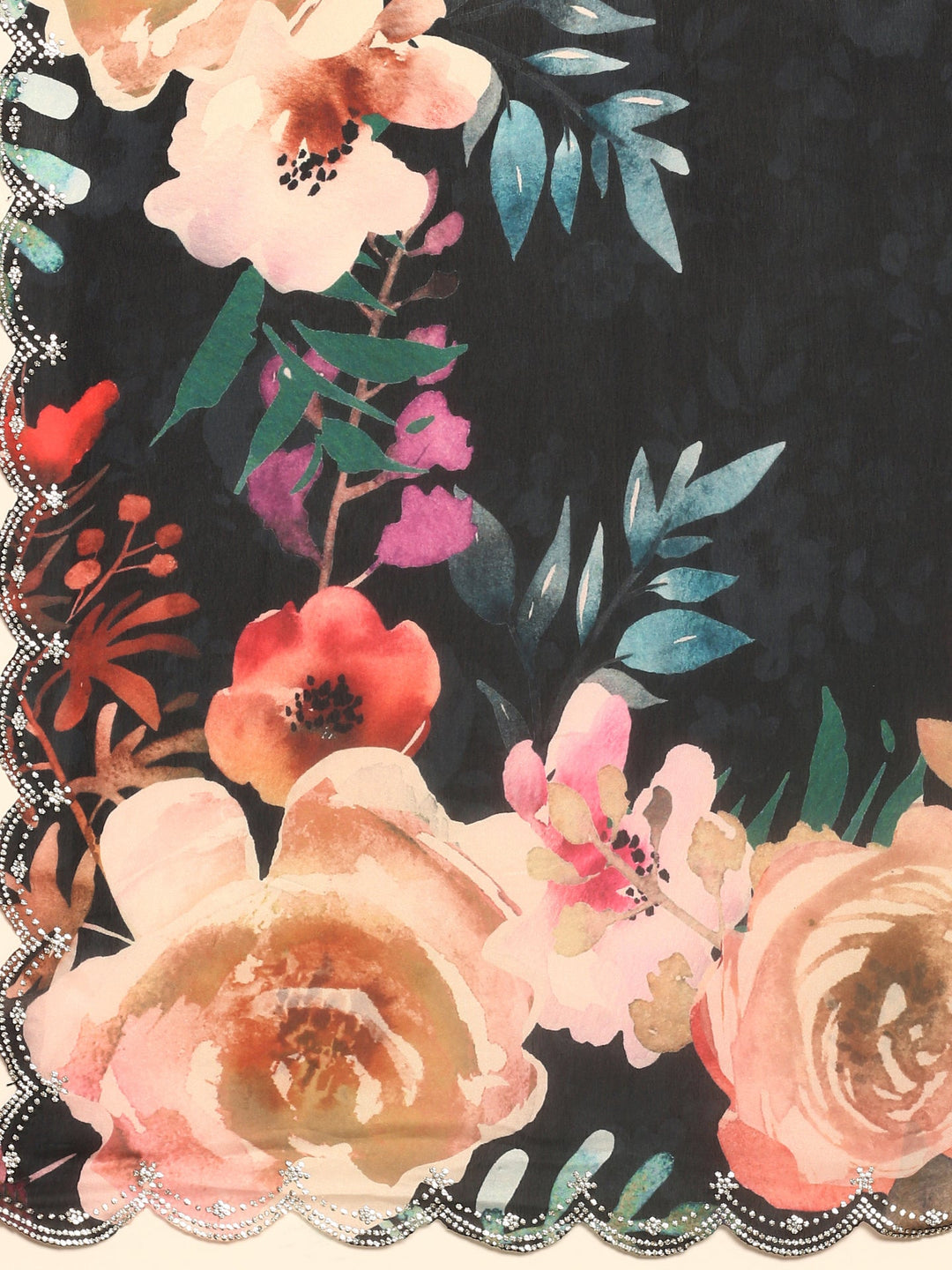 Neerus Black satin embellished saree with floral print - detail view 2