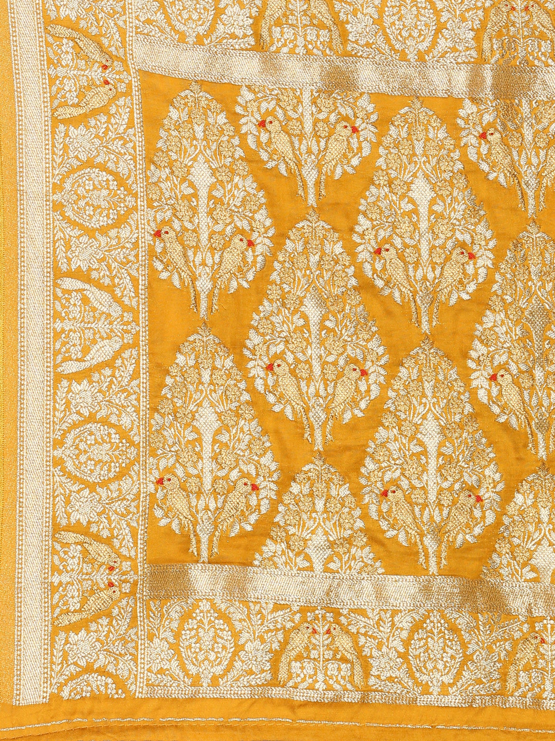 Neerus Yellow Banarasi woven saree with zari border - detail view 3