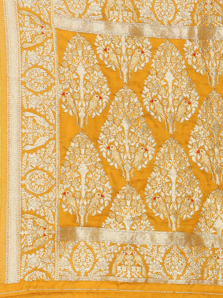 Neerus Yellow Banarasi woven saree with zari border - detail view 3