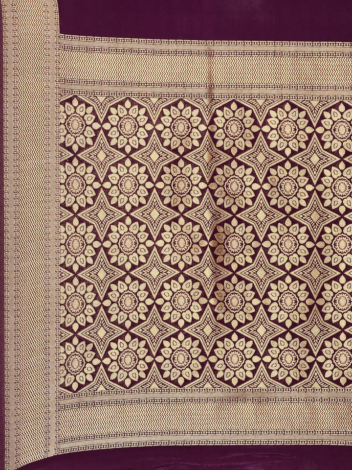 Wine Banaras Weave Saree With Peacock Motifs And Rich Zari Border