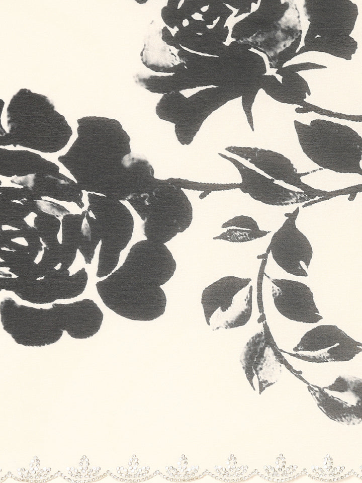 Black & White Floral Printed Satin Saree With Swarovski Embroidery