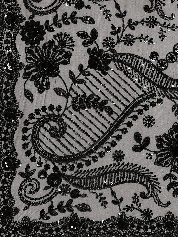 Black net saree with sequin heavy hand embroidery