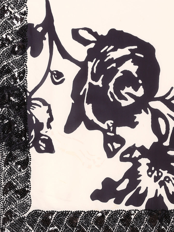 Black & White Satin Printed Saree With Hand Embroidery & Readymade Blouse