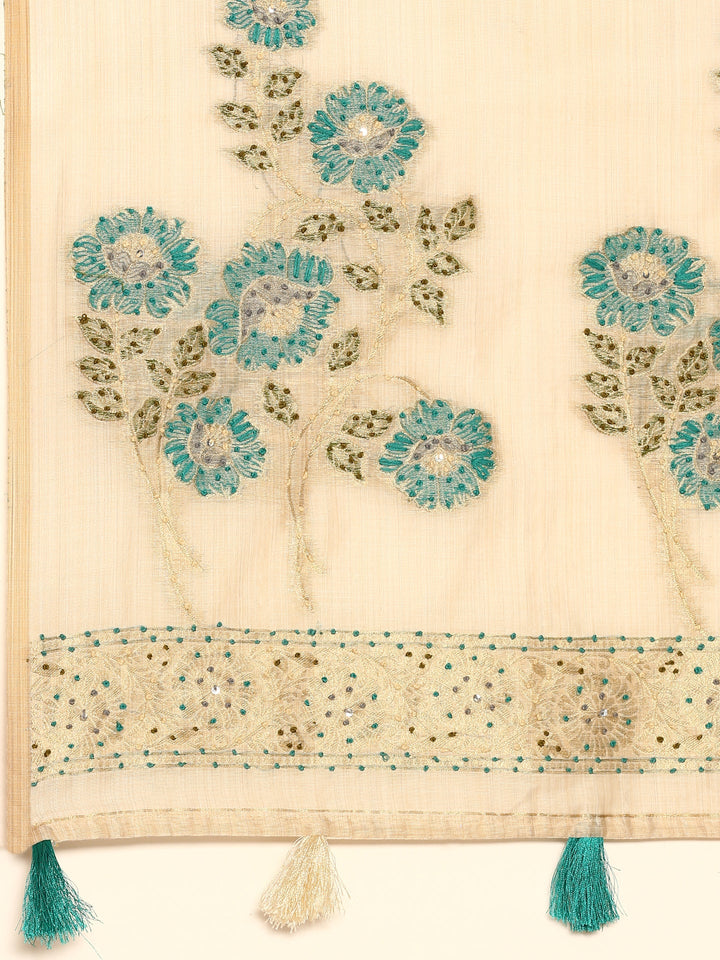 Cream Chanderi Silk Saree With Sequins And French Knot Embroidery