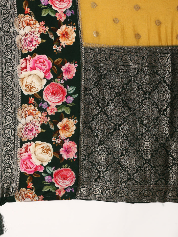 Yellow banarsi saree with floral print & zari border