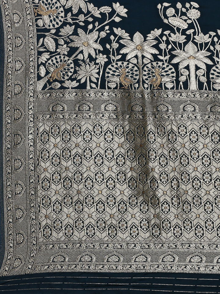 Neerus Blue Banarasi woven saree with peacock motifs - detail view 3