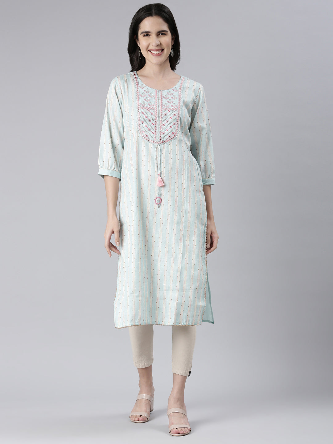Neerus Blue rayon embroidered straight kurta - front view