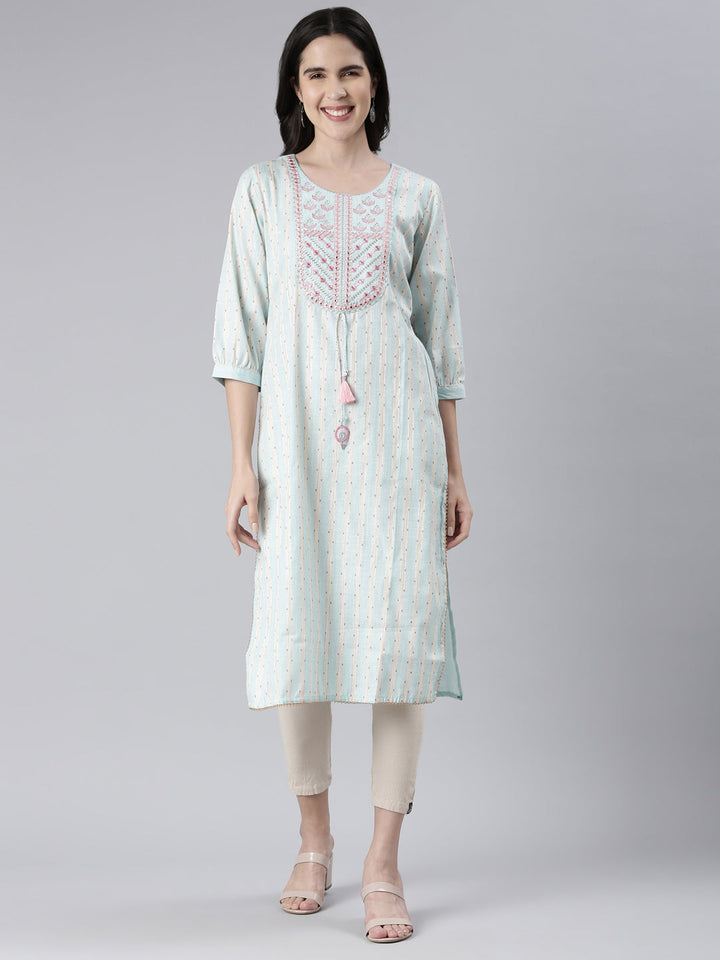 Neerus Blue rayon embroidered straight kurta - front view