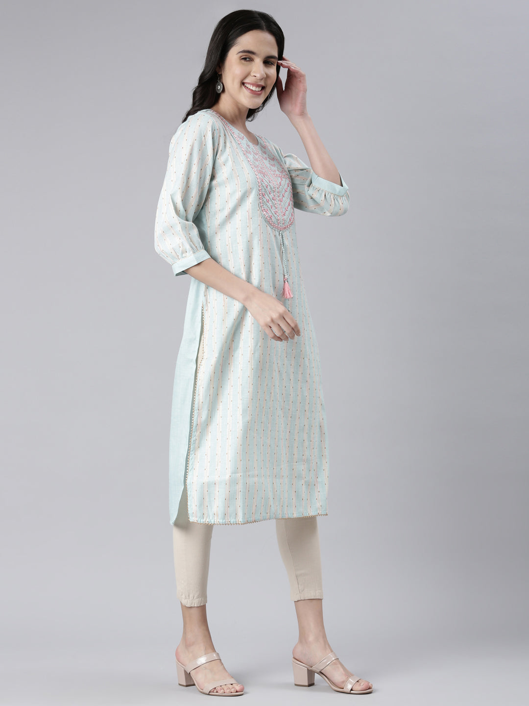 Neerus Blue rayon embroidered straight kurta - back view