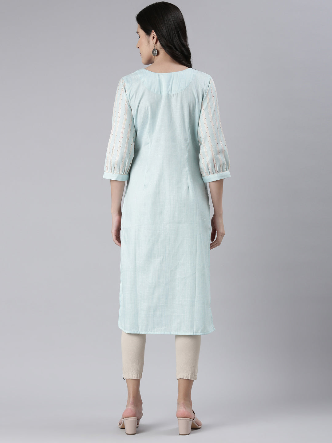 Neerus Blue rayon embroidered straight kurta - side view