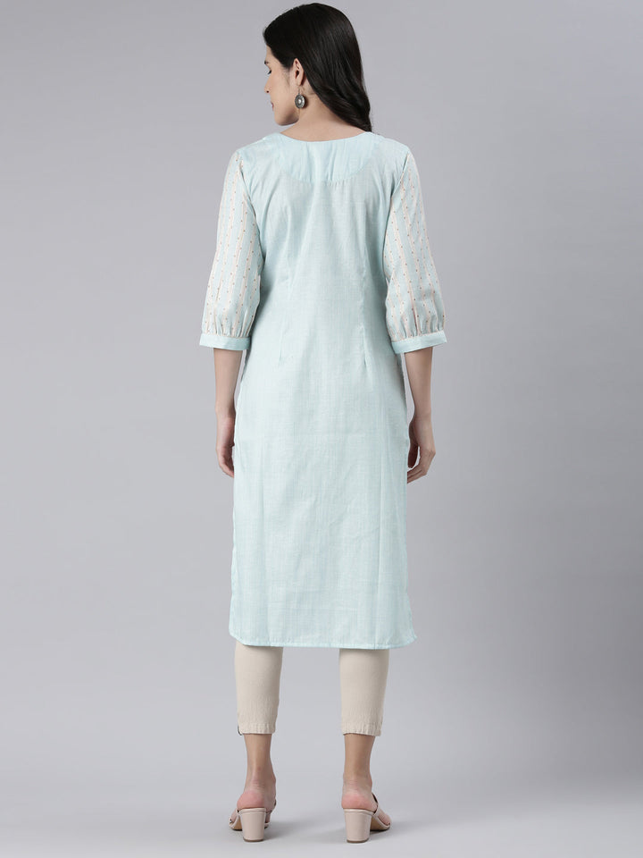 Neerus Blue rayon embroidered straight kurta - side view