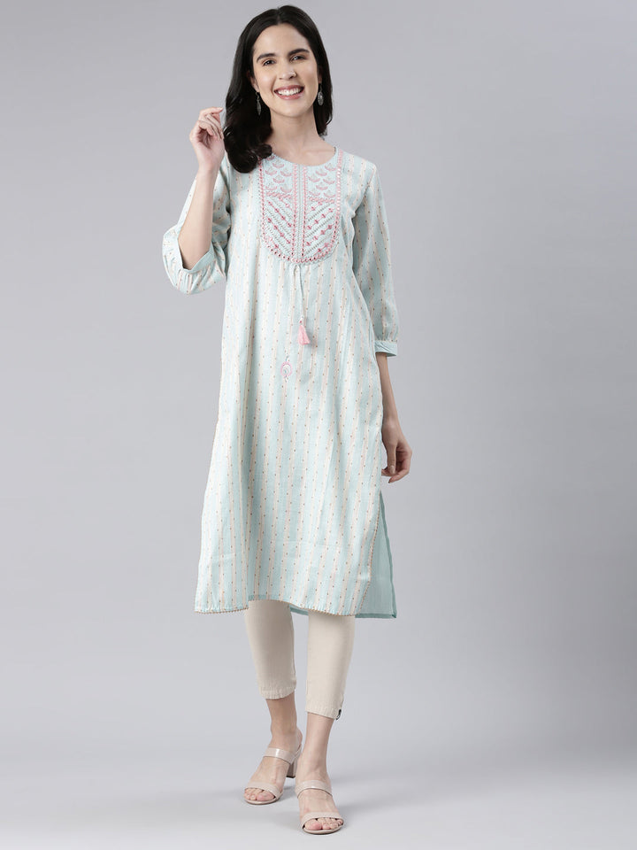 Neerus Blue rayon embroidered straight kurta - detail view 2