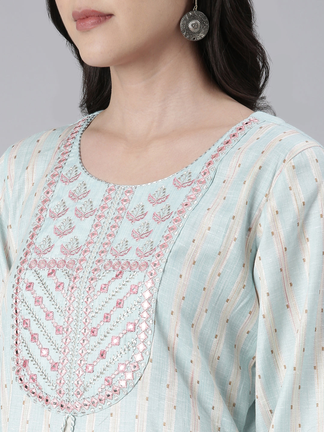 Neerus Blue rayon embroidered straight kurta - detail view 1