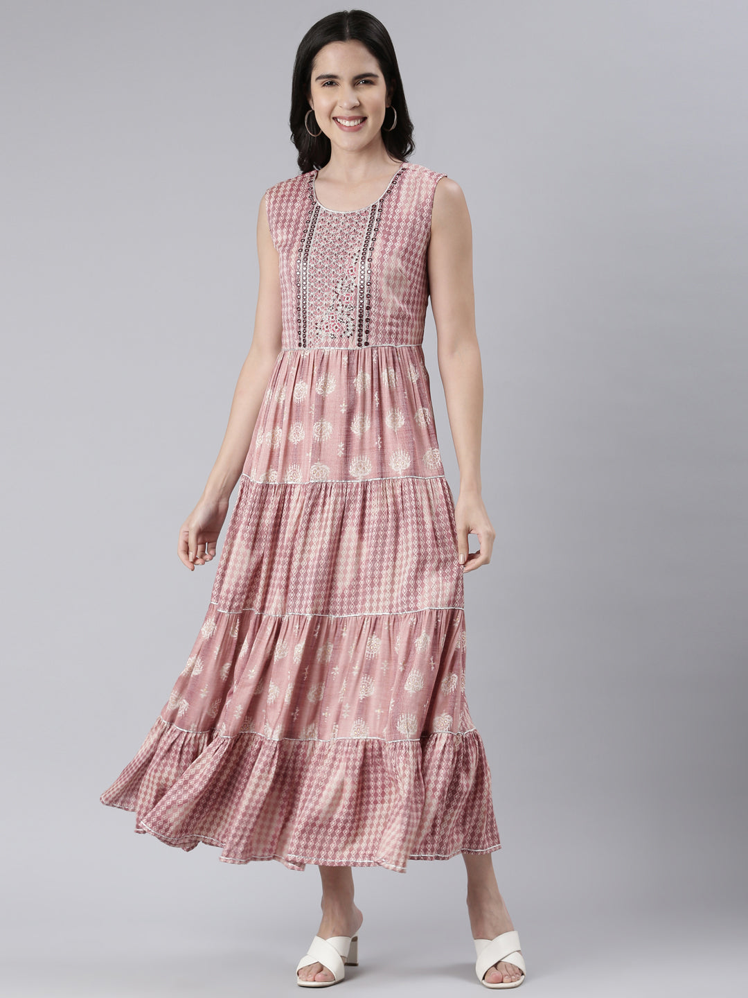 Neerus Pink viscose rayon printed maxi dress - front view
