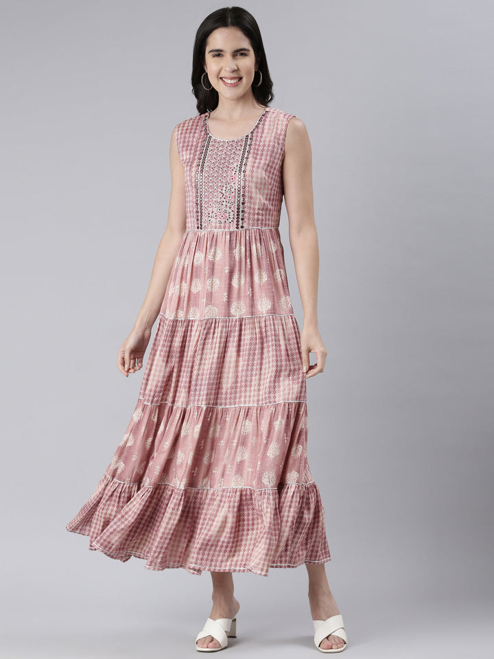 Neerus Pink viscose rayon printed maxi dress - front view