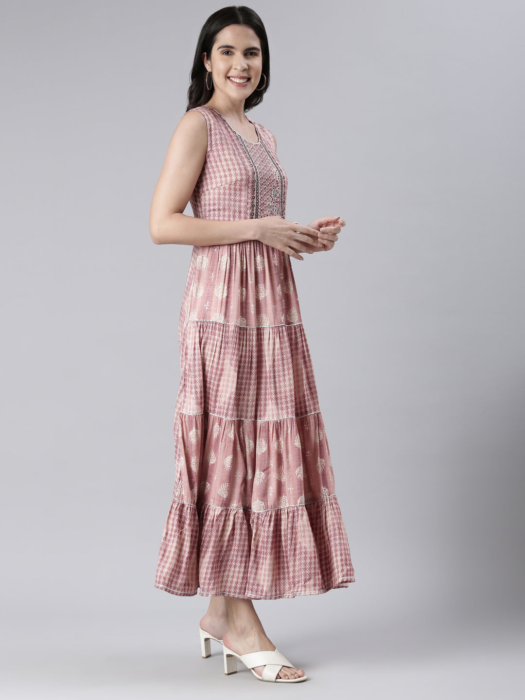 Neerus Pink viscose rayon printed maxi dress - back view