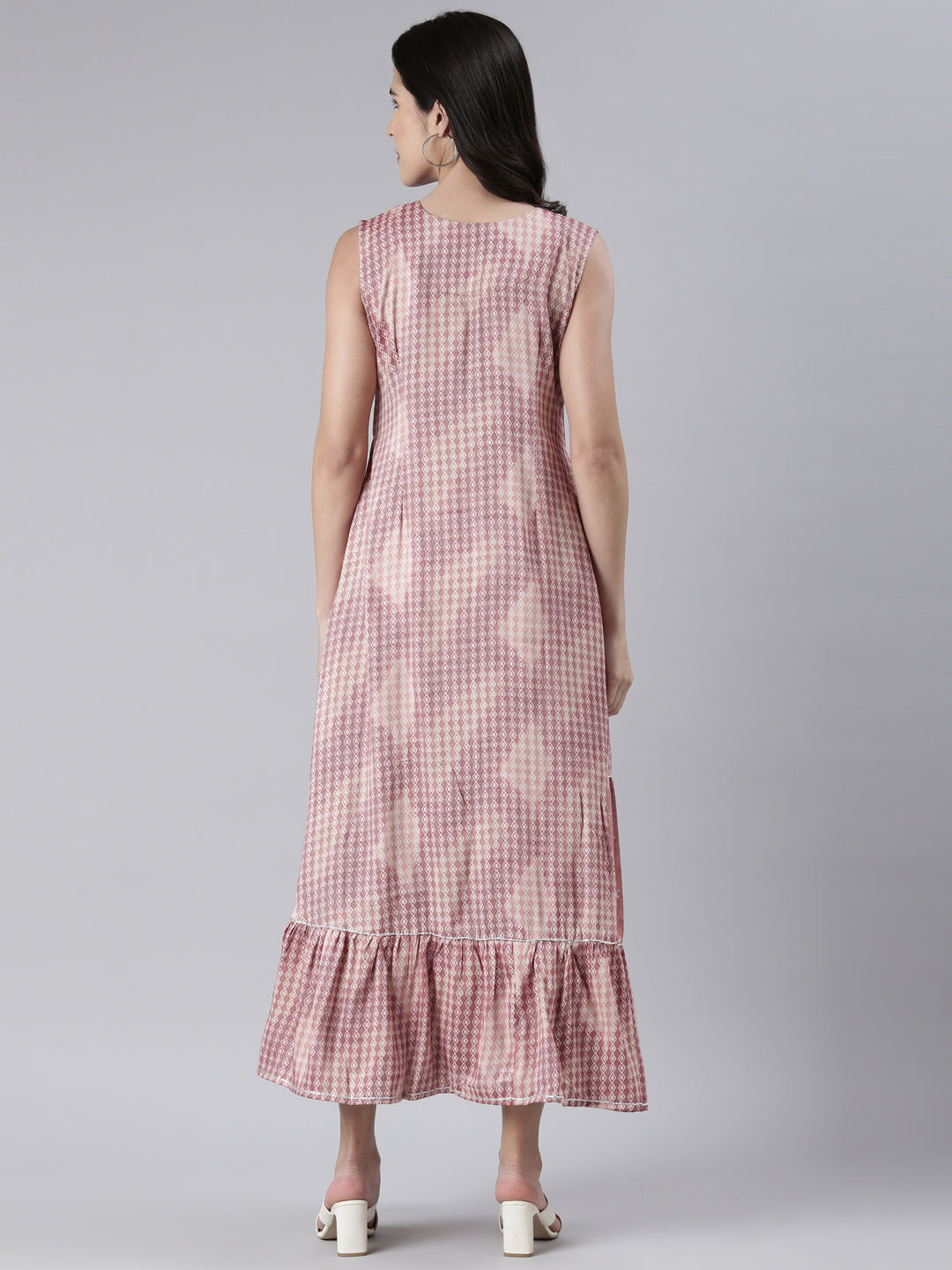 Neerus Pink viscose rayon printed maxi dress - side view