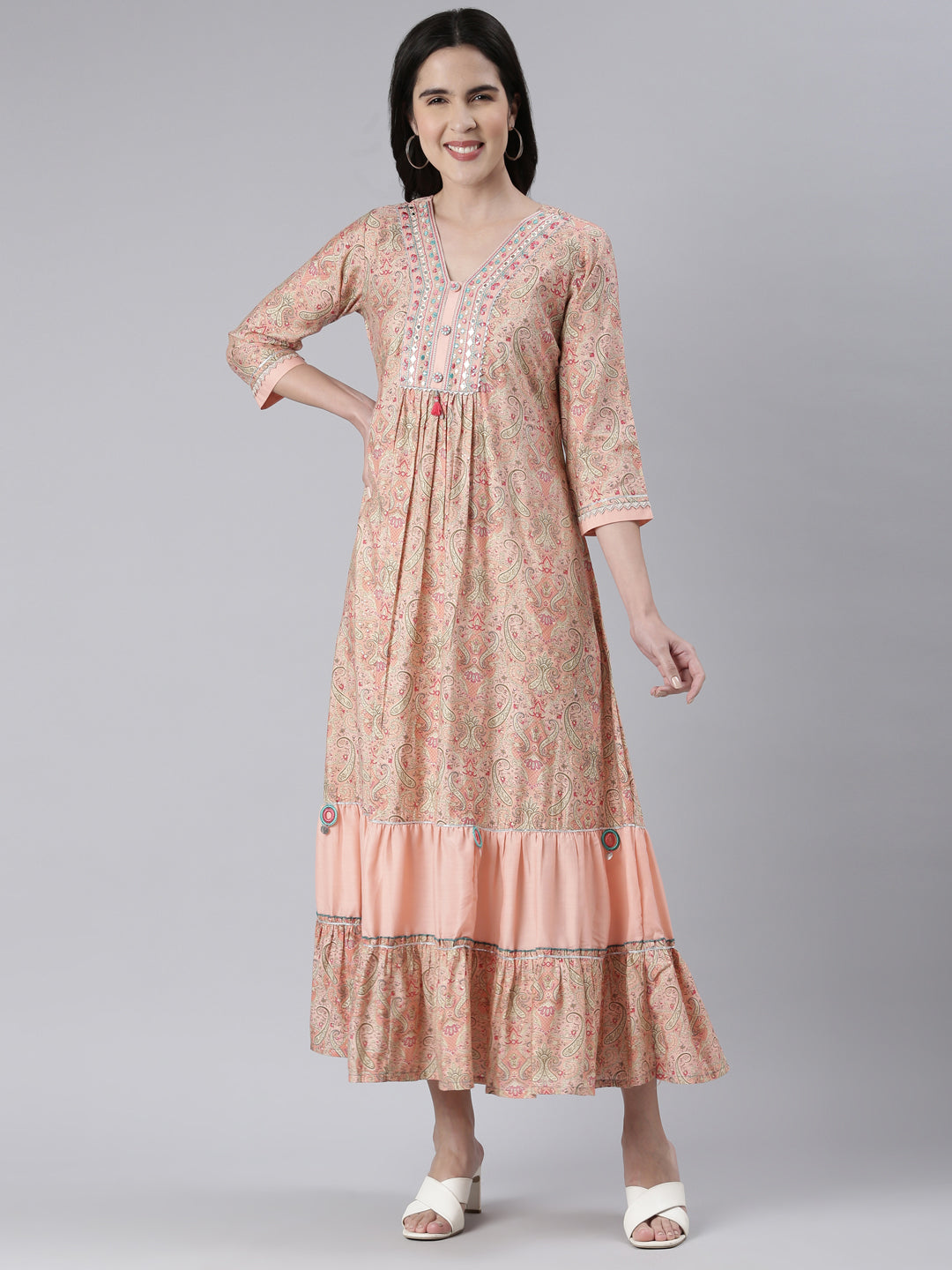 Neerus Orange rayon printed maxi dress - front view