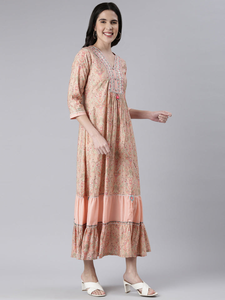 Neerus Orange rayon printed maxi dress - back view