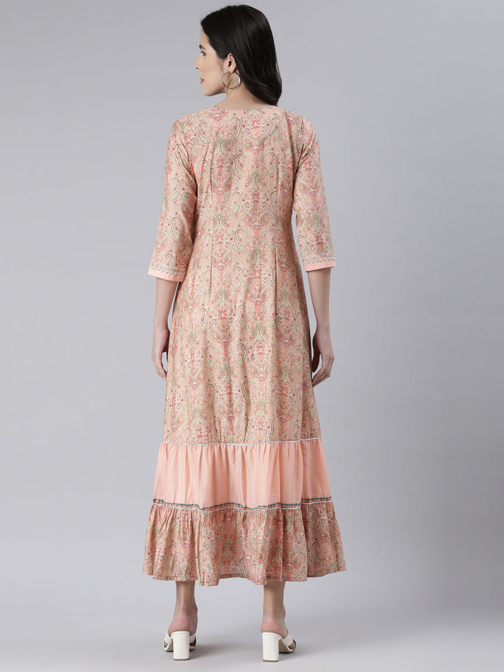 Neerus Orange rayon printed maxi dress - side view