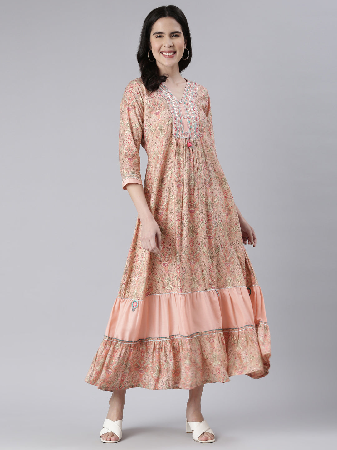 Neerus Orange rayon printed maxi dress - detail view 2