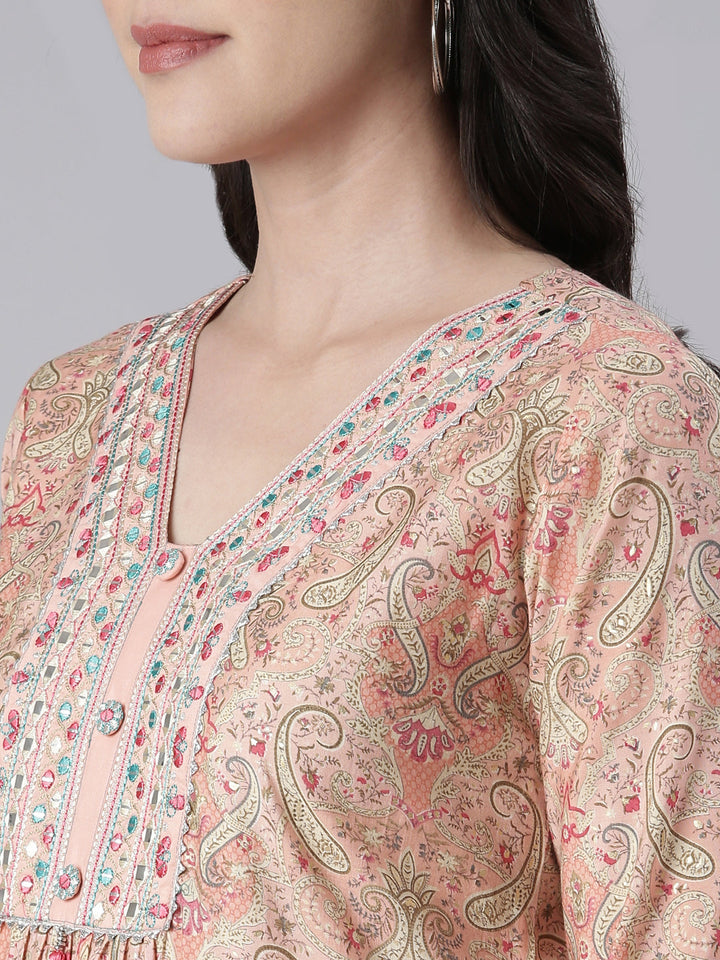Neerus Orange rayon printed maxi dress - detail view 1