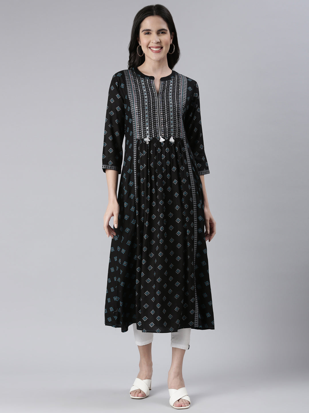Neerus Blue cotton embroidered anarkali kurta - front view