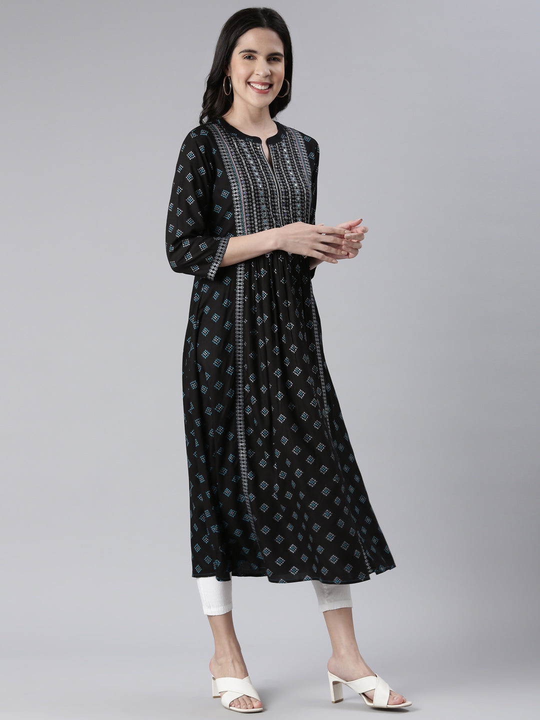 Neerus Blue cotton embroidered anarkali kurta - back view