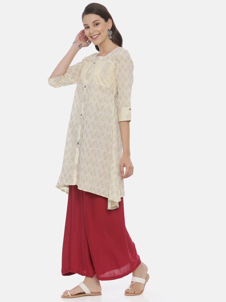 Neerus Beige rayon printed A-line kurti - back view