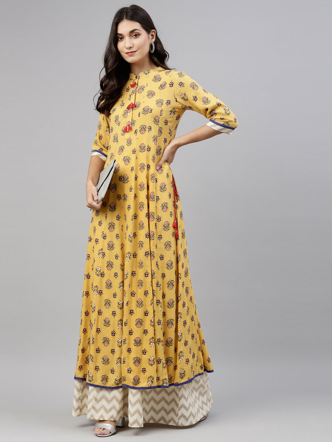 Neerus Yellow Rayon Printed Kurta Set with Skirt - front view