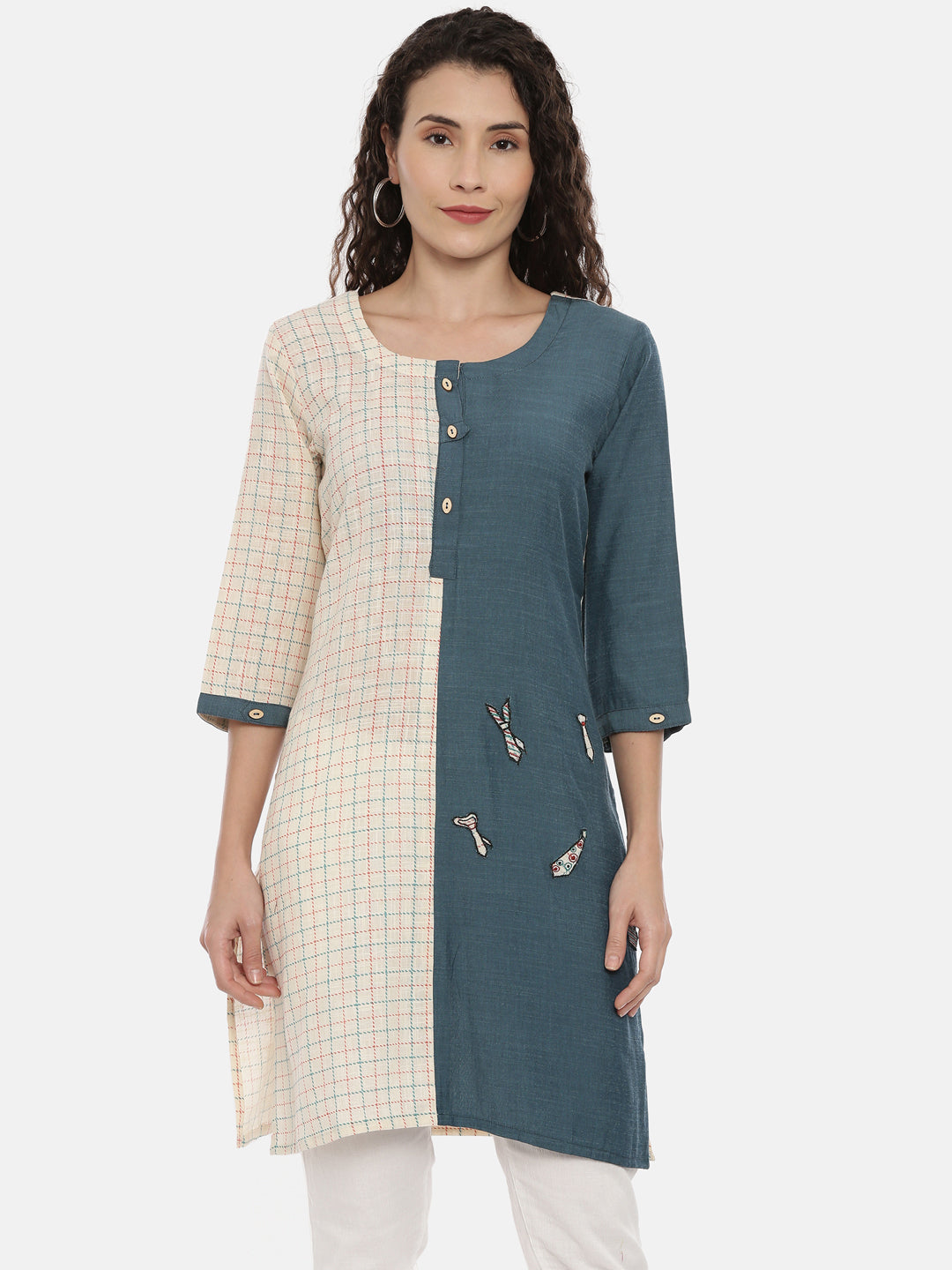 Neerus Beige slub cotton solid kurti - front view